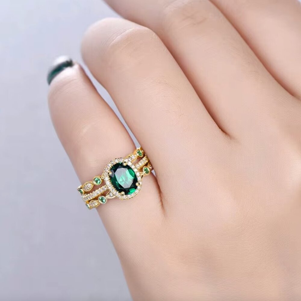 14k Yellow Gold Diamond Emerald Ring Band Set of 3 Rings - Picture 4 of 4